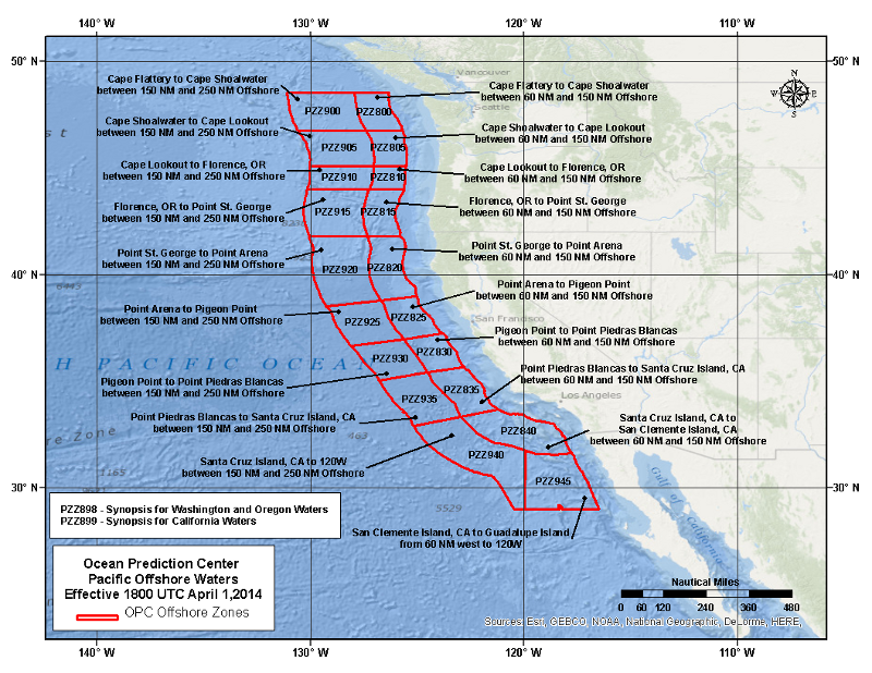 Pacific PZZ945: San Clemente Island, CA to 30N from 60 NM offshore west to 120W zone map