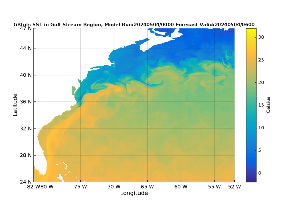 Global RTOFS 6 Hour Sea Surface Temperature image (C)