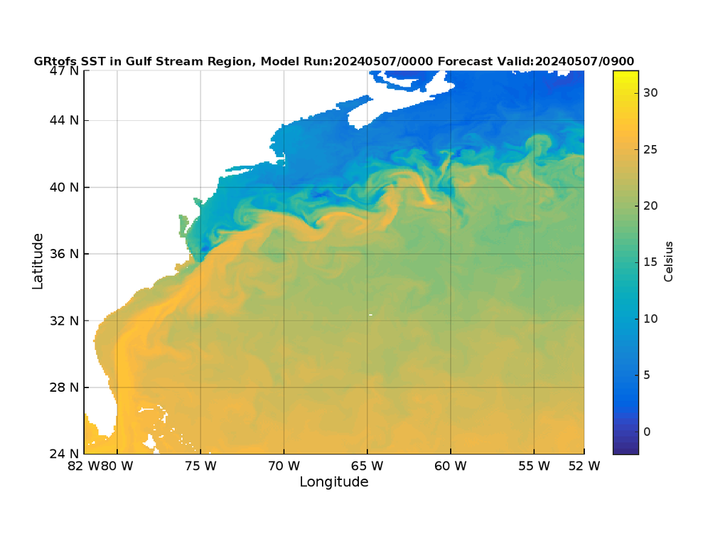Global RTOFS 9 Hour Sea Surface Temperature image (C)