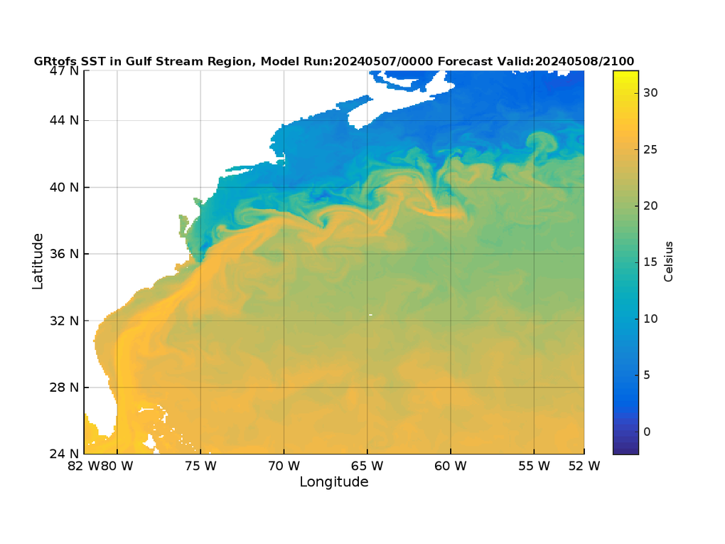 Global RTOFS 45 Hour Sea Surface Temperature image (C)