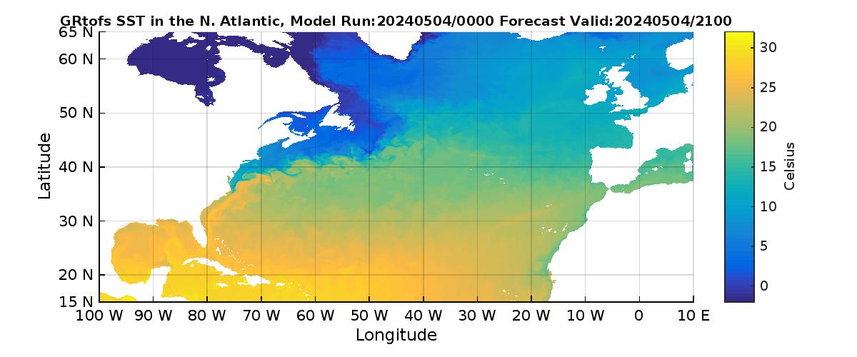 Global RTOFS 21 Hour Sea Surface Temperature image (C)