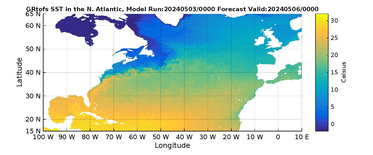 Global RTOFS 72 Hour Sea Surface Temperature image (C)