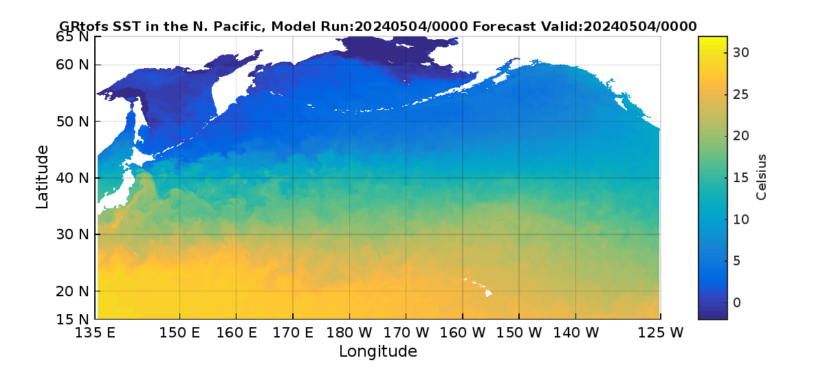Global RTOFS 0 Hour Sea Surface Temperature image (C)