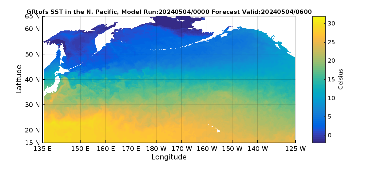 Global RTOFS 6 Hour Sea Surface Temperature image (C)