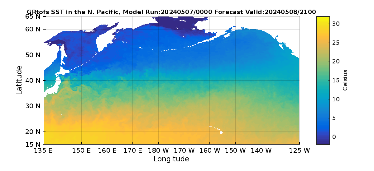 Global RTOFS 45 Hour Sea Surface Temperature image (C)