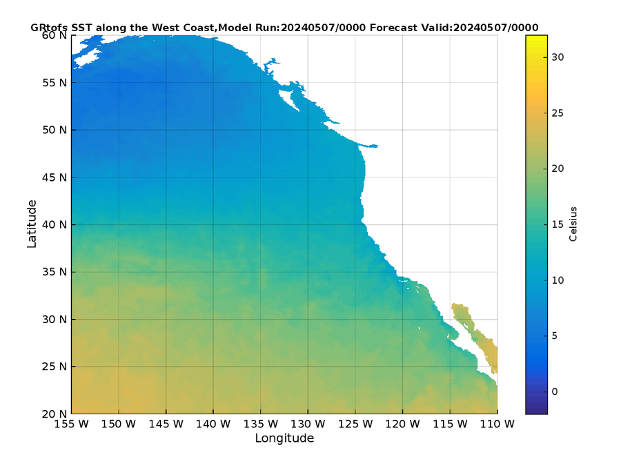 Global RTOFS 0 Hour Sea Surface Temperature image (C)