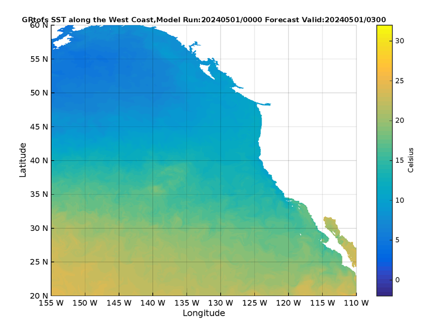 Global RTOFS 3 Hour Sea Surface Temperature image (C)