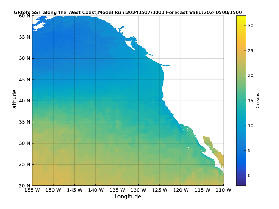 Global RTOFS 39 Hour Sea Surface Temperature image (C)