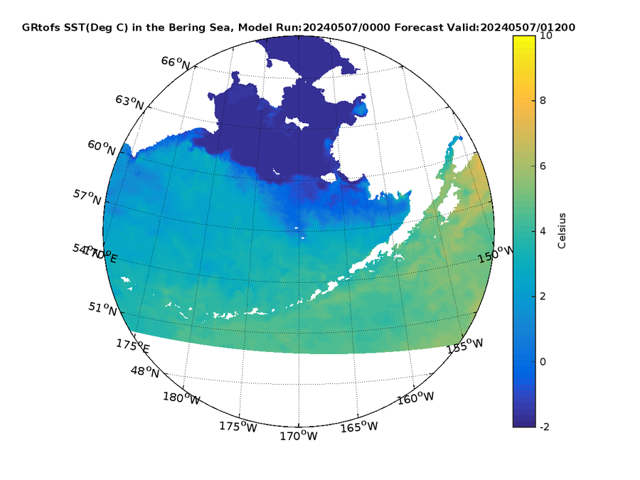 Global RTOFS 12 Hour Sea Surface Temperature image (C)