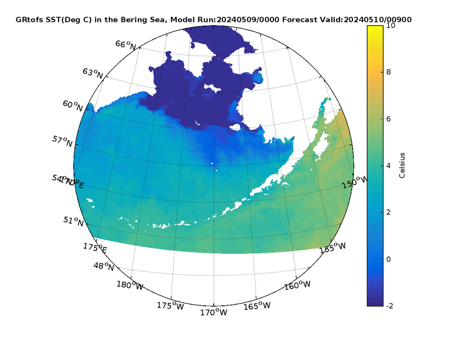 Global RTOFS 33 Hour Sea Surface Temperature image (C)