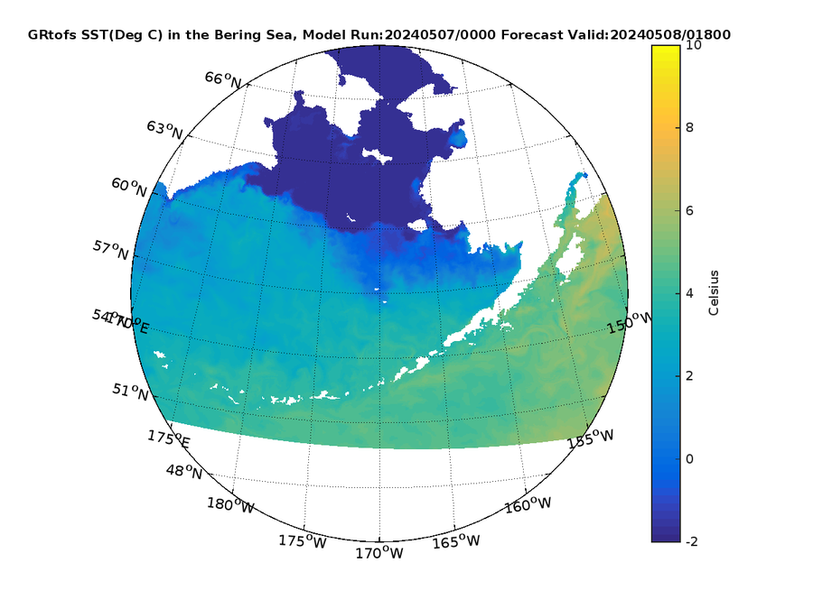 Global RTOFS 42 Hour Sea Surface Temperature image (C)