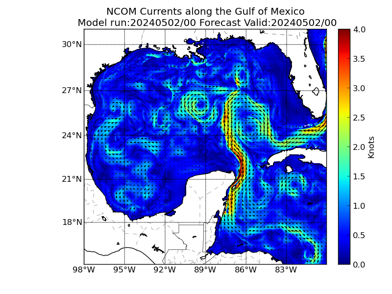 NCOM 0 Hour Currents image (kt)