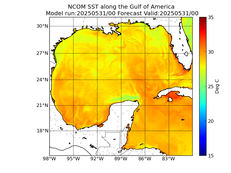 NCOM 0 Hour Sea Surface Temperature image (C)