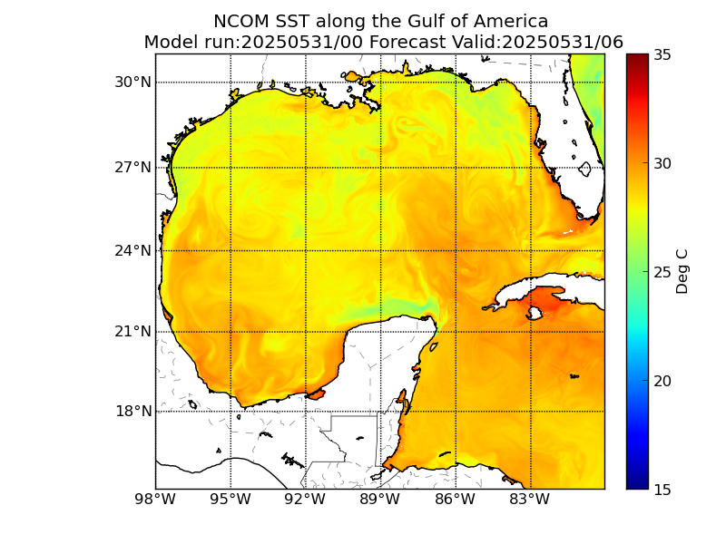 NCOM 6 Hour Sea Surface Temperature image (C)