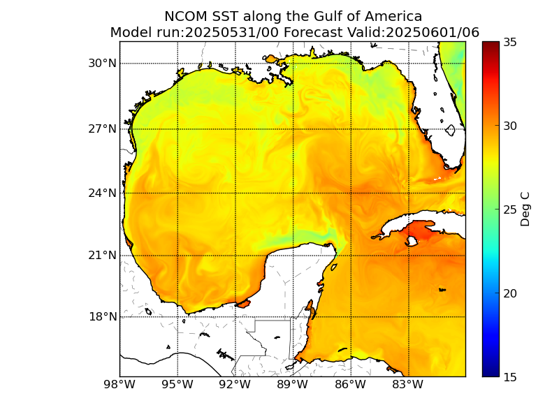 NCOM 30 Hour Sea Surface Temperature image (C)