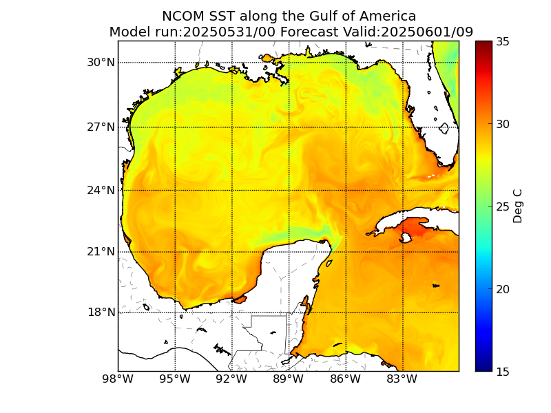 NCOM 33 Hour Sea Surface Temperature image (C)