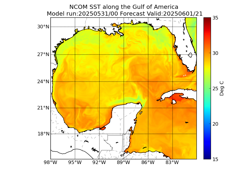 NCOM 45 Hour Sea Surface Temperature image (C)