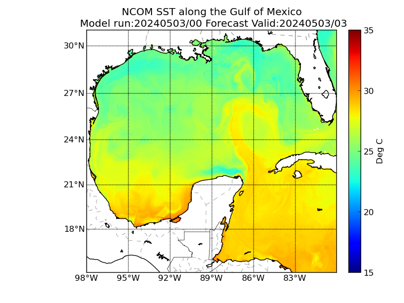 NCOM 3 Hour Sea Surface Temperature image (C)