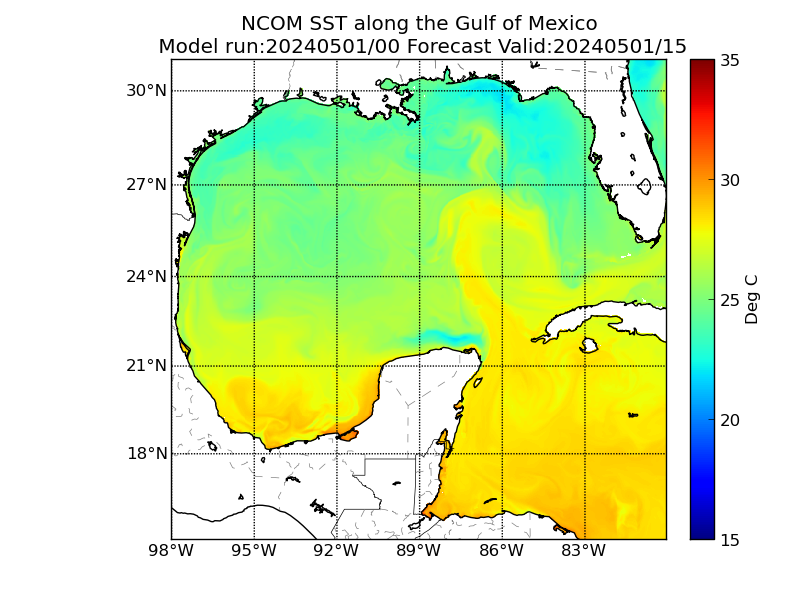 NCOM 15 Hour Sea Surface Temperature image (C)