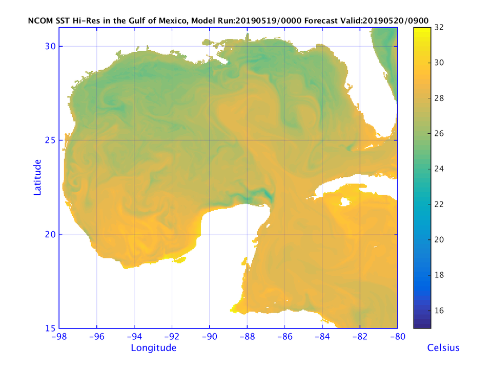 NCOM 33 Hour Sea Surface Temperature image (C)