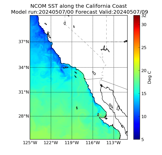 NCOM 9 Hour Sea Surface Temperature image (C)