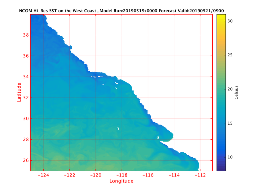 NCOM 57 Hour Sea Surface Temperature image (C)