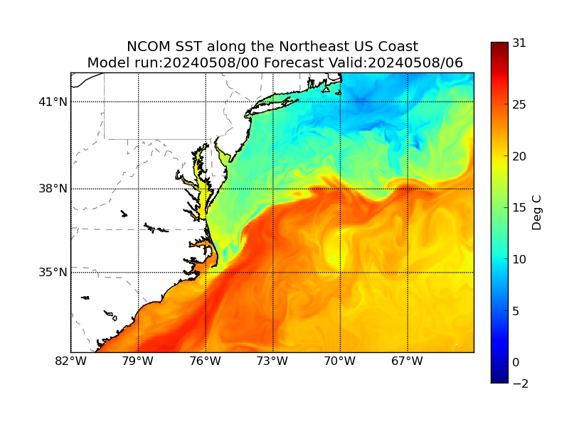 NCOM 6 Hour Sea Surface Temperature image (C)