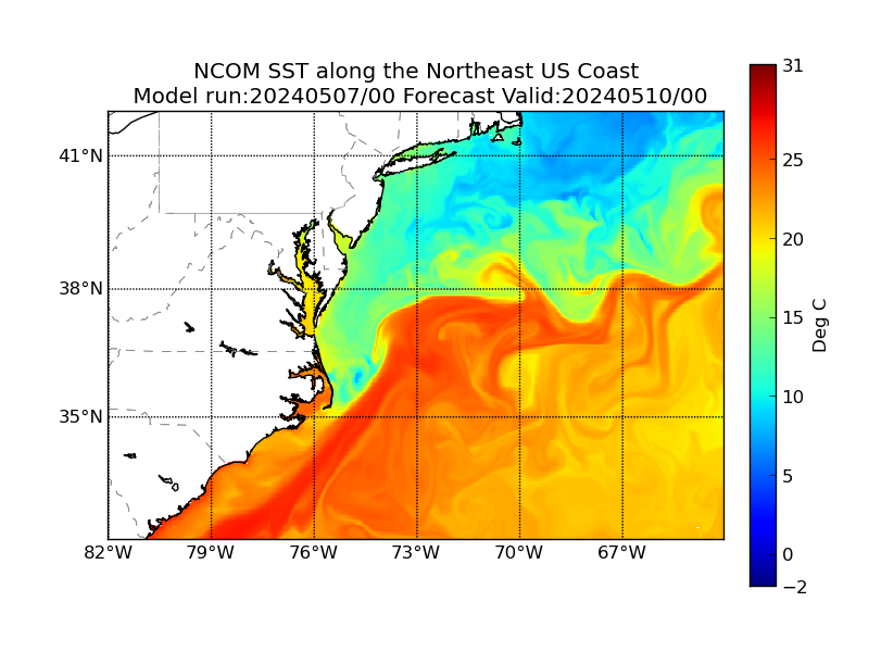 NCOM 72 Hour Sea Surface Temperature image (C)
