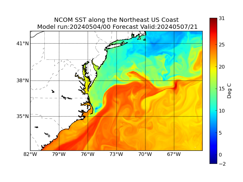 NCOM 93 Hour Sea Surface Temperature image (C)