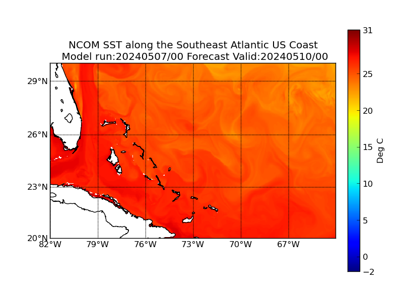 NCOM 72 Hour Sea Surface Temperature image (C)