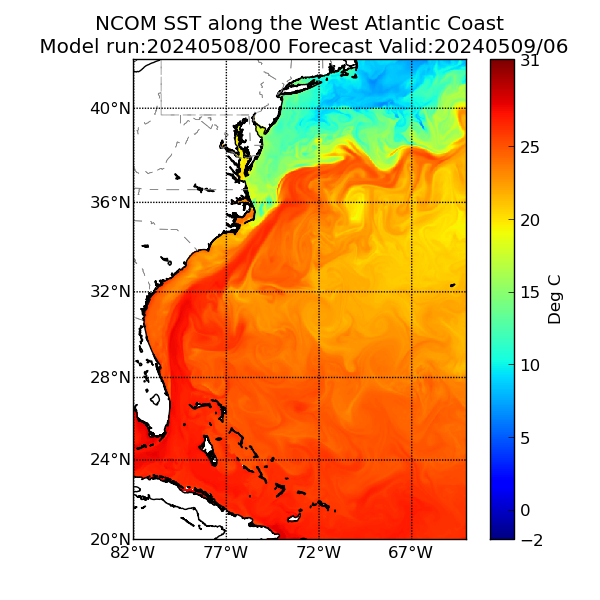 NCOM 30 Hour Sea Surface Temperature image (C)