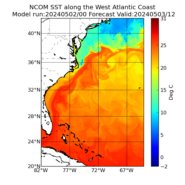 NCOM 36 Hour Sea Surface Temperature image (C)