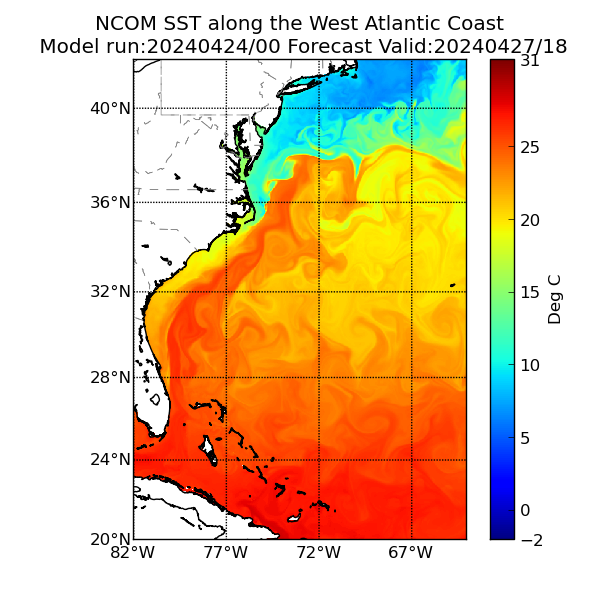 NCOM 90 Hour Sea Surface Temperature image (C)