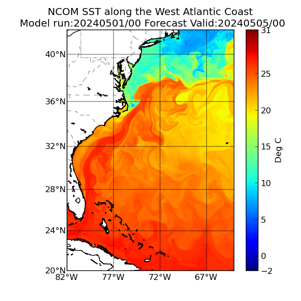 NCOM 96 Hour Sea Surface Temperature image (C)