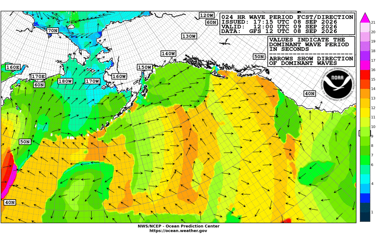 Alaska/Arctic 24 Hour Wave Period Forecast