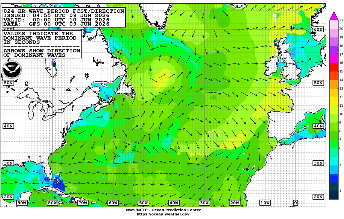 North Atlantic 24 Hour Wave Period Forecast