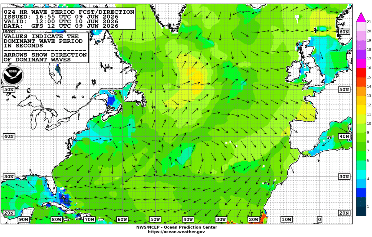 North Atlantic 24 Hour Wave Period Forecast