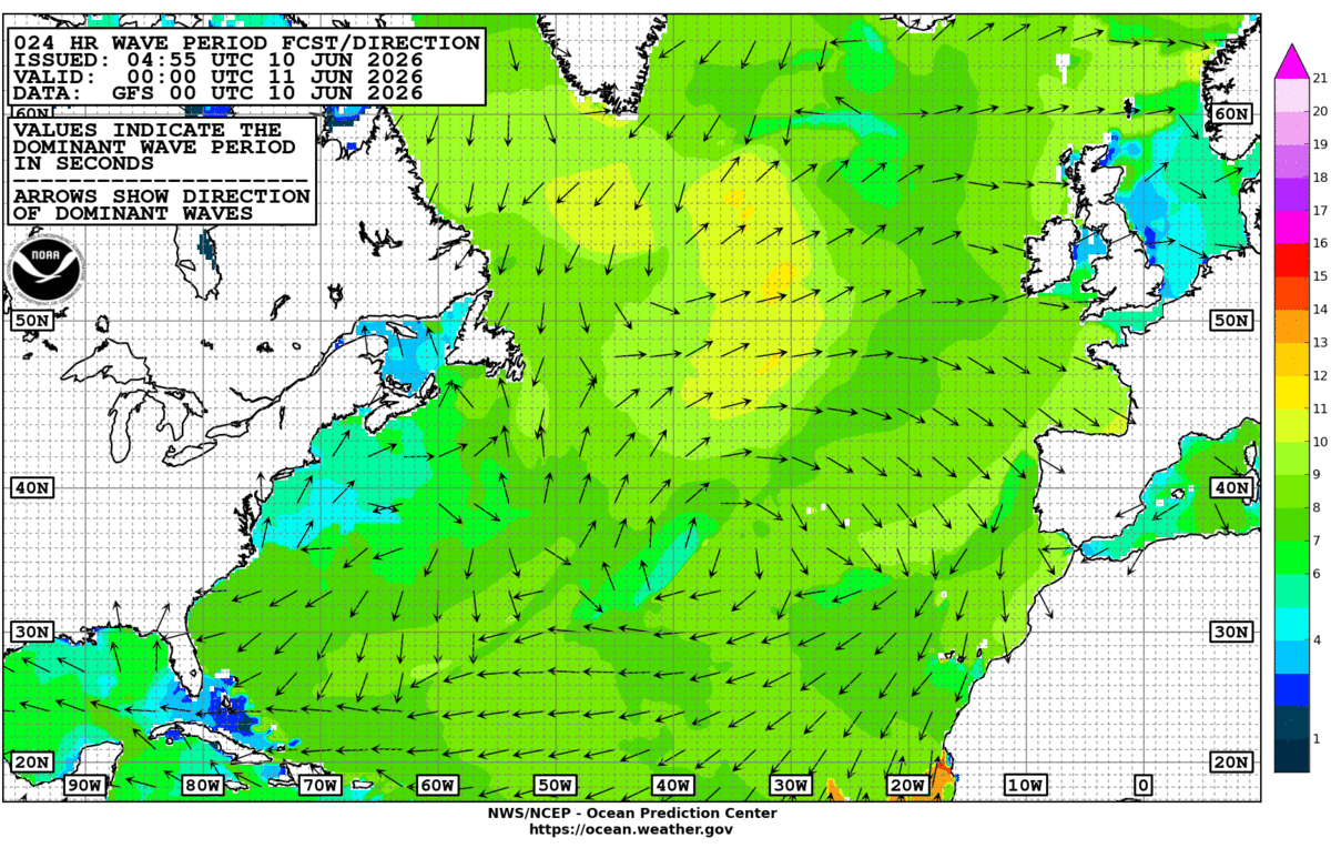 North Atlantic 24 Hour Wave Period Forecast