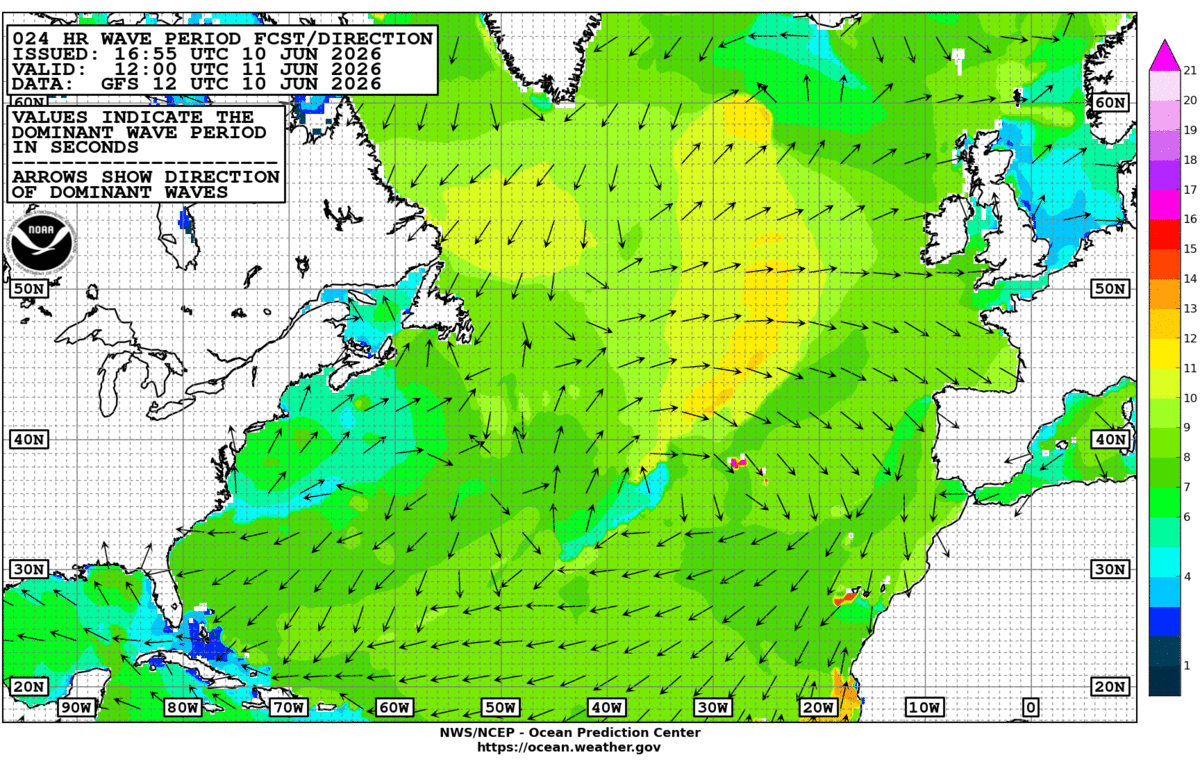 North Atlantic 24 Hour Wave Period Forecast