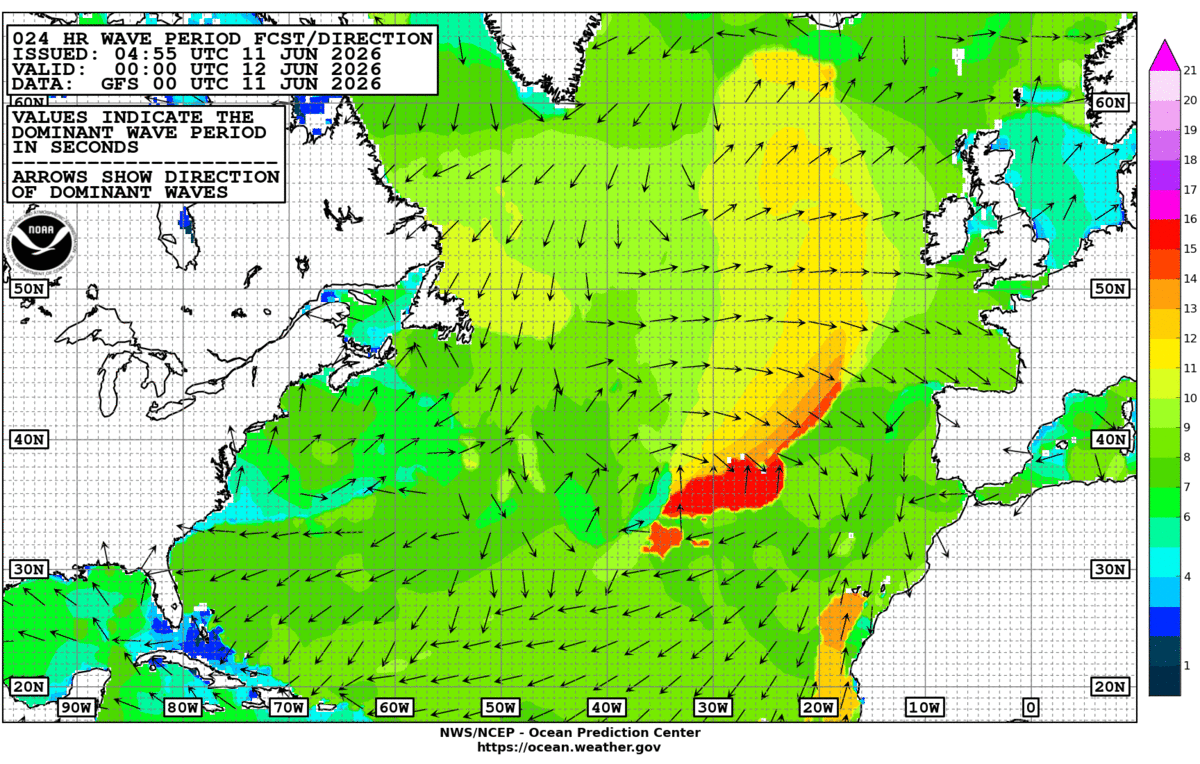 North Atlantic 24 Hour Wave Period Forecast