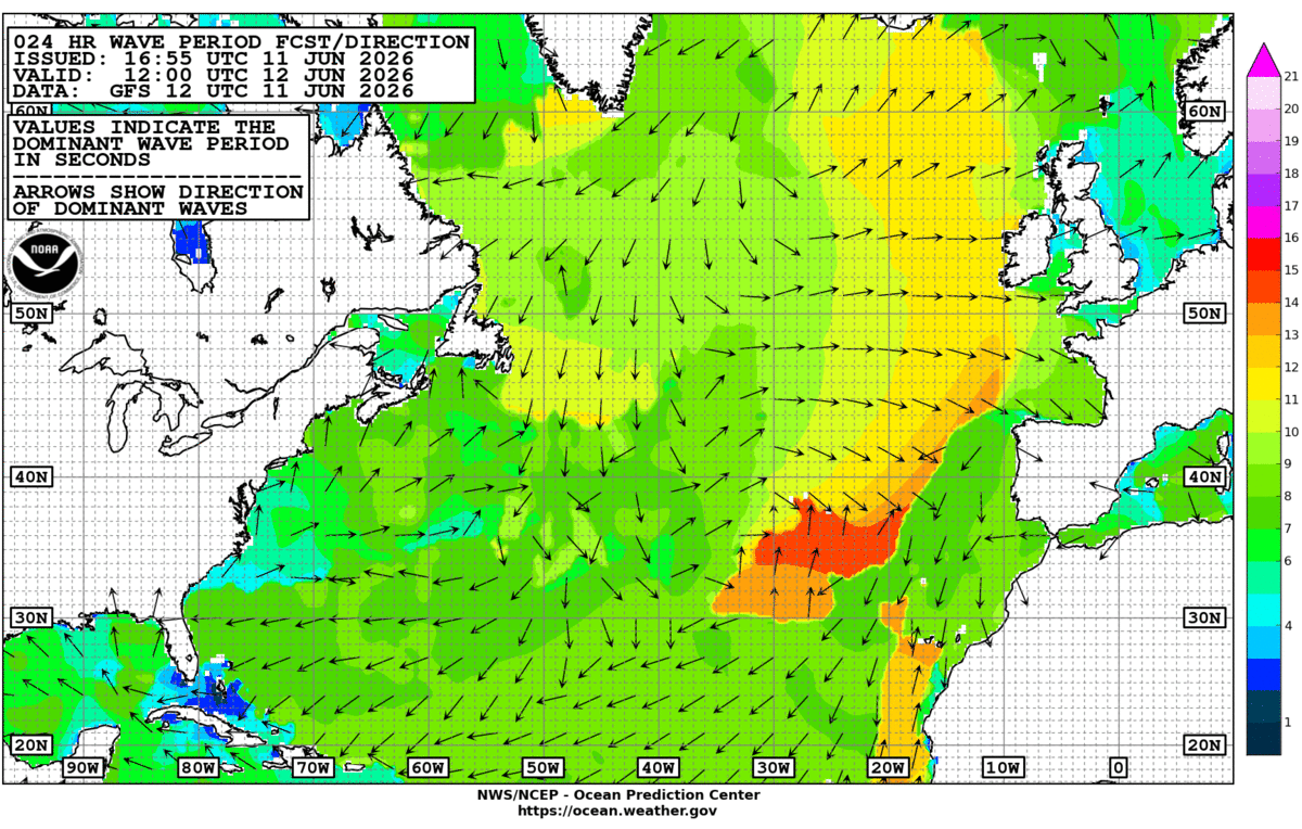 North Atlantic 24 Hour Wave Period Forecast