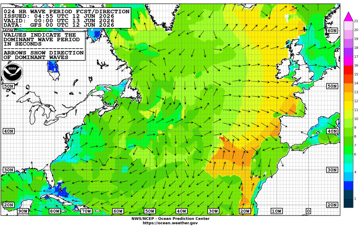 North Atlantic 24 Hour Wave Period Forecast