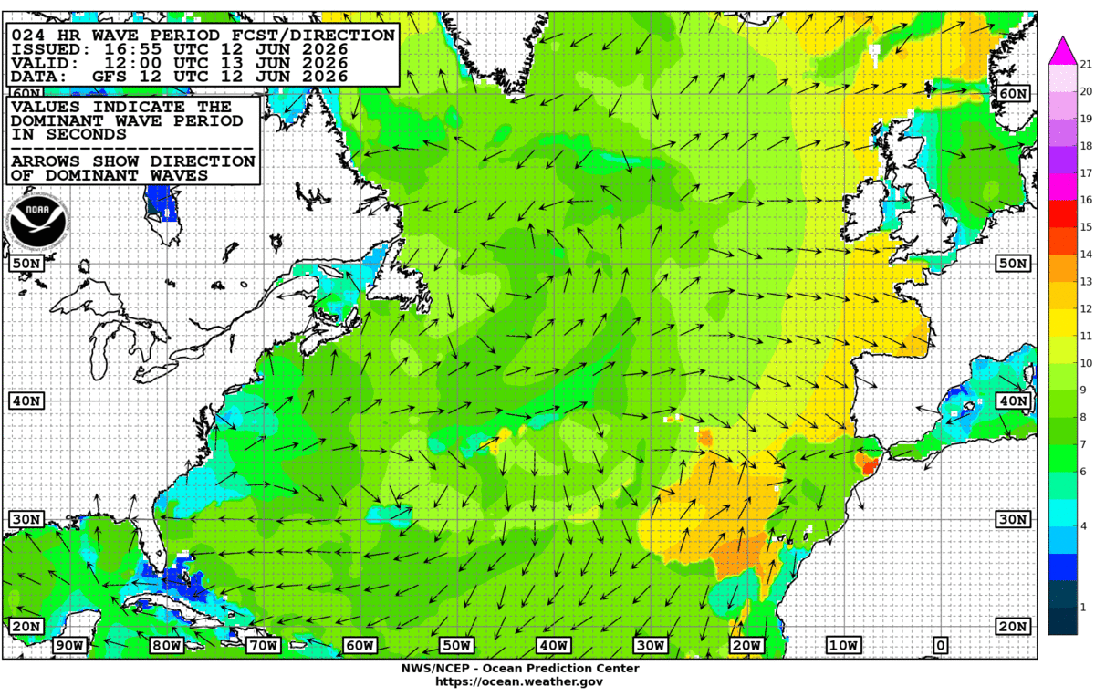 North Atlantic 24 Hour Wave Period Forecast