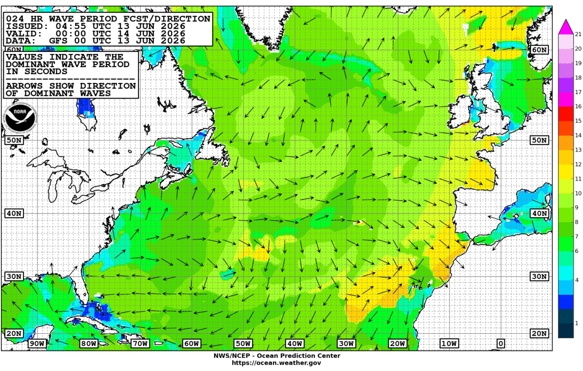 North Atlantic 24 Hour Wave Period Forecast