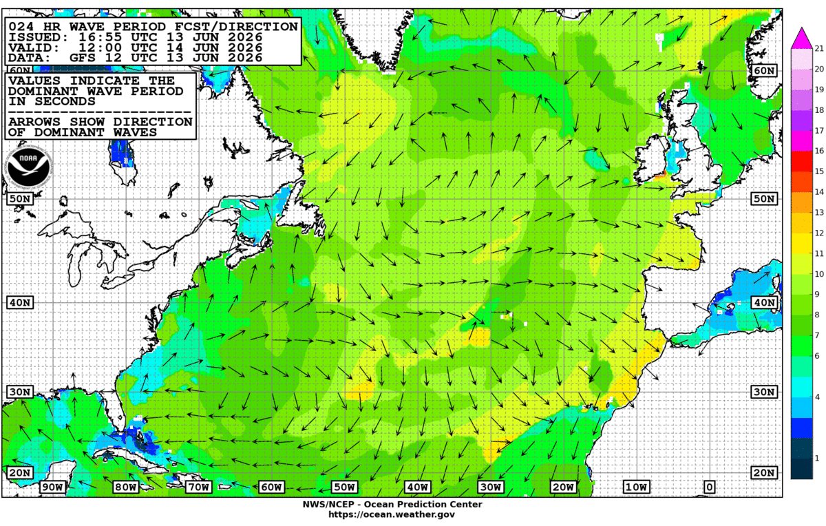 North Atlantic 24 Hour Wave Period Forecast