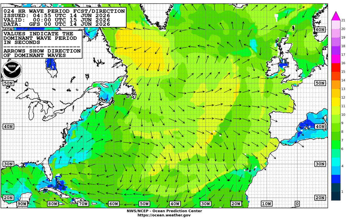 North Atlantic 24 Hour Wave Period Forecast