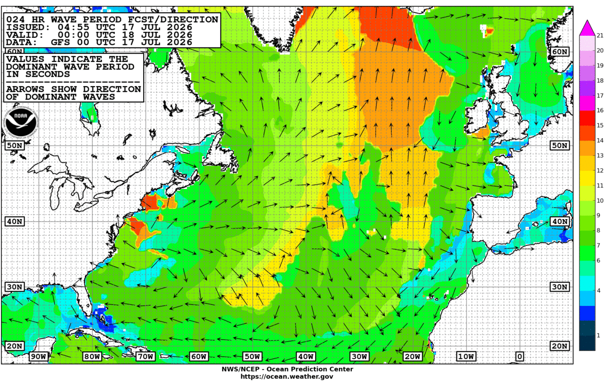 North Atlantic 24 Hour Wave Period Forecast