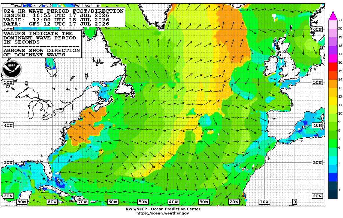 North Atlantic 24 Hour Wave Period Forecast