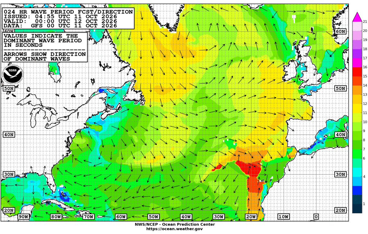 North Atlantic 24 Hour Wave Period Forecast