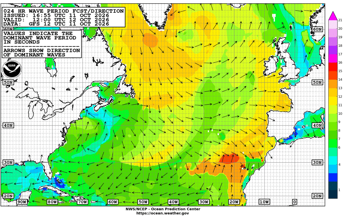 North Atlantic 24 Hour Wave Period Forecast